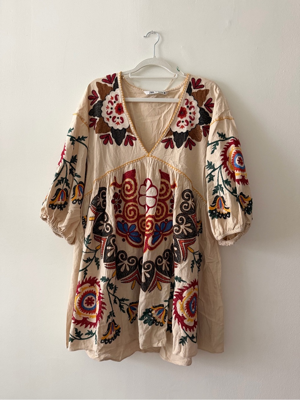 Zara Beige Mini Dress with Multicolor Floral Embroidery